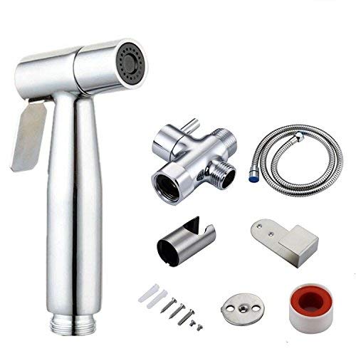 Gecious Stainless Steel Hand Held Bidet Sprayer Complete Set Hand Sprayer for Bidet Toilet with Adjustable Water Pressure Control, Nickel finished，1/2” T-valve connector (Spray Bidet Set)