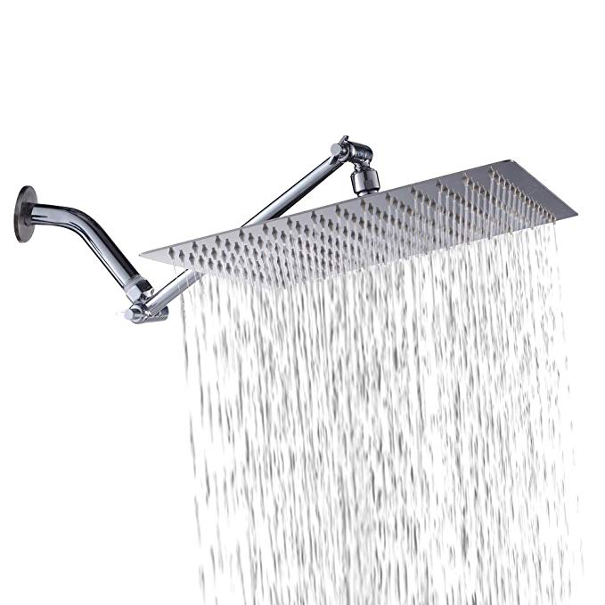 Sarlai  Solid Square Ultra Thin 304 Stainless Steel 12 Inch Adjustable Rain Shower Head with Solid Brass 11 Inch Adjustable