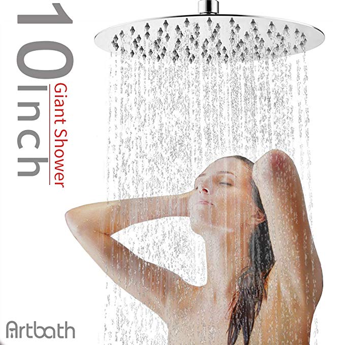 Artbath 10 Inch Round Large Rain Shower Head Ultra Thin 304 Stainless Steel with Showerhead Swivel Metal Ball Connector Chrome Finish