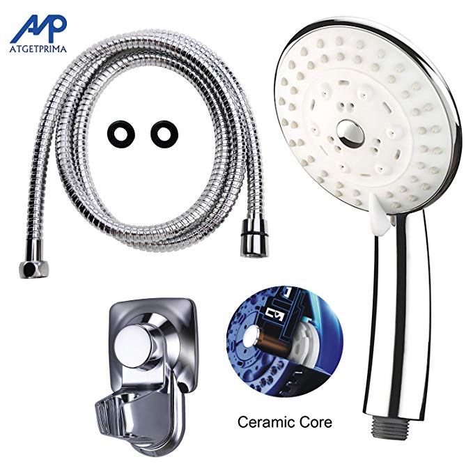 ATGETPRIMA 5 Function Ceramic Core Handheld Shower Head with 1.5-Meter Shower Hose and Holder Bracket Replacement Hand Shower for Bathroom Showering System,Chrome Plating, A62CWS