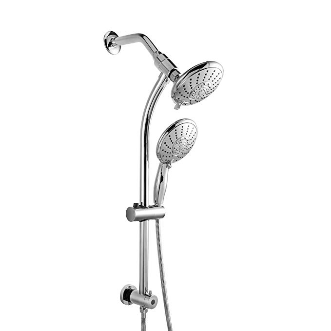 LORDEAR Commercial Flexible 5 Functions Double Rain Hotel Spa Dual Bathroom Shower Heads Handheld Combo,Polished Chrome Shower Set with Adjustable Slide Bar and Stainless Steel Hose