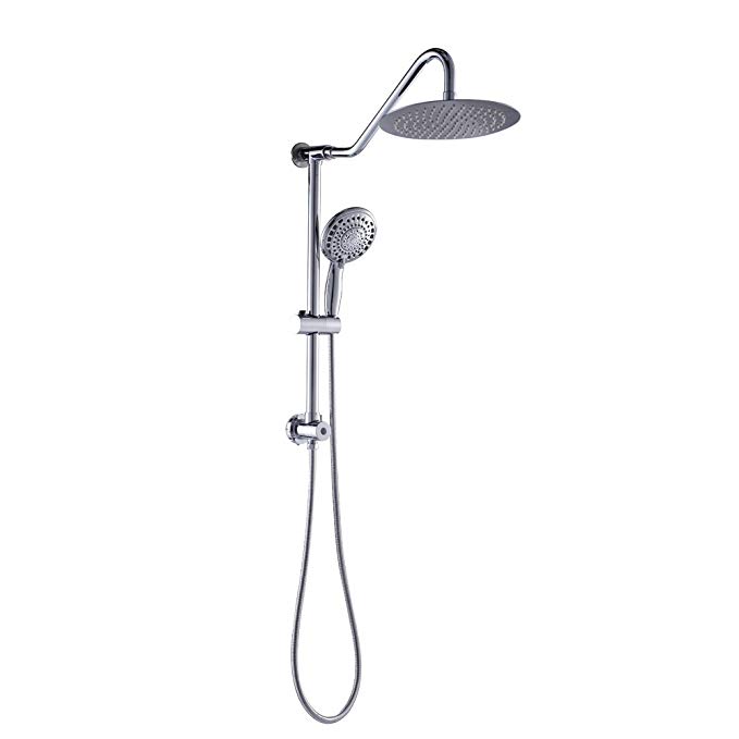 Sarlai Double Rain Hotel Spa Bathroom Combo,Stainless Steel 10 Inch  Rain Shower Head, 5-setting Hand Shower Polished Chrome Shower Set with Drill-Free Adjustable Slide Bar and Stainless Steel Hose