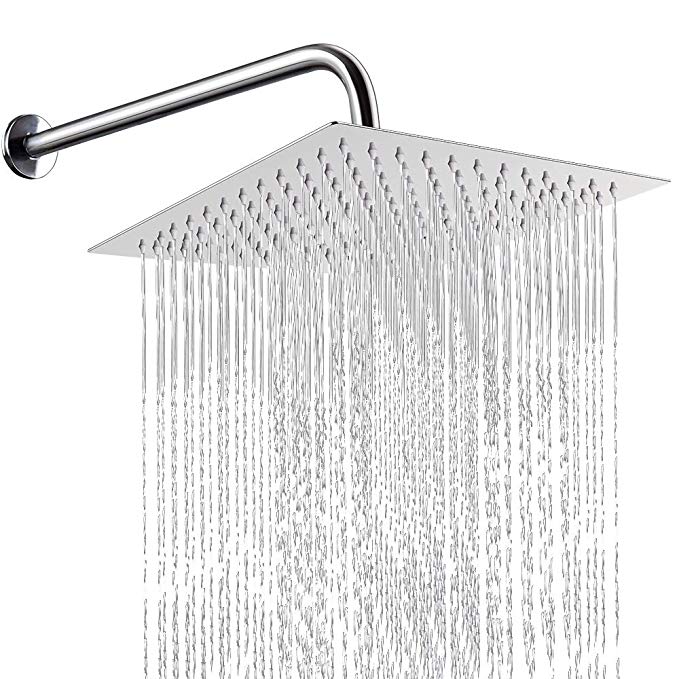 12 Inch Shower Head With 15 Inch Extension Arm, NearMoon Square Rain Shower Heads ，High Pressure Large Stainless Steel Rainfall ShowerHead With Shower Arm Waterfall Full Body Coverage Easy To Install