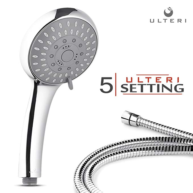 Hand Held Shower-Head, Luxury Multi Function Spray, Rainfall, Chome Finish + 60'' Hose + Bracket & FREE: Teflon Tape