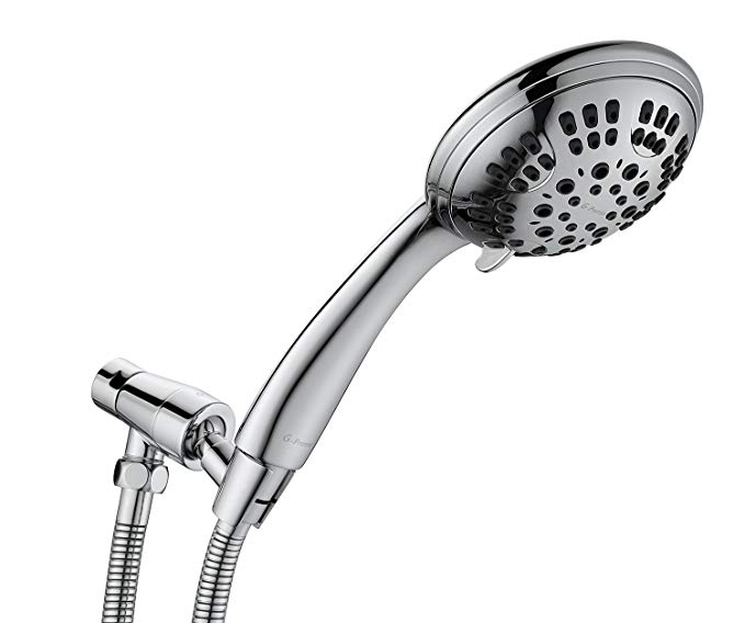 G-Promise High Pressure Shower Head Premium 6 Spray Setting Hand Held Shower Heads with Adjustable Solid Brass Shower Arm Mount Extra Long Flexible Stainless Steel Hose Chrome Finish (Chrome)