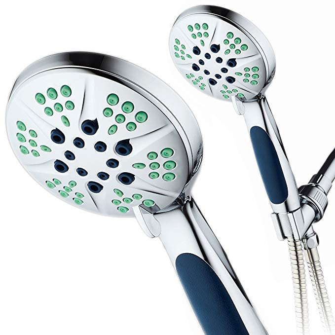 HotelSpa NOTILUS High-Pressure Luxury Spa Hand Shower 6 Settings, 2-Zone Clog Nozzles, Antimicrobial Anti-Slip Grip, Metal Fittings, Stainless Steel Hose/All-Chrome Finish