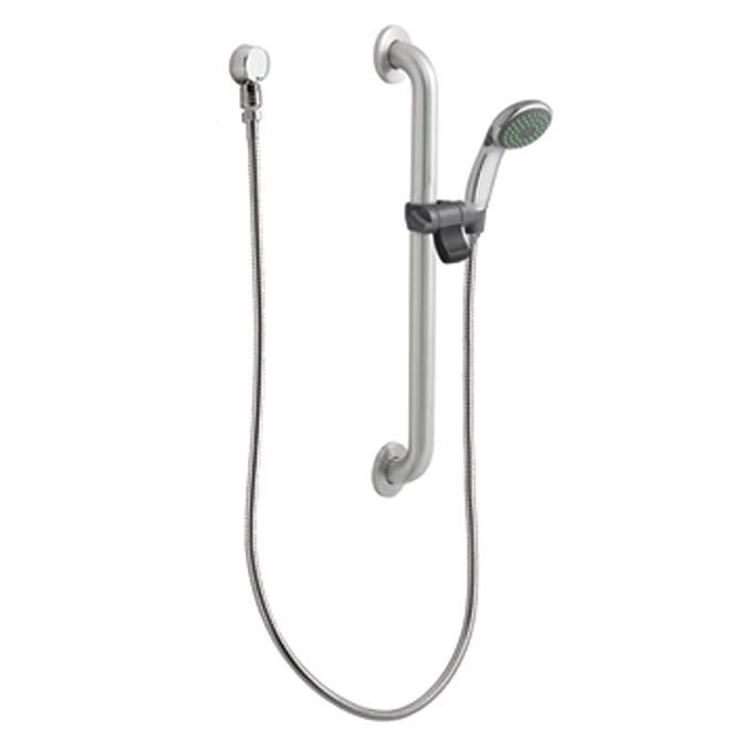 Moen 52224GBM17 Commercial M-Dura Shower Slide Bar/Grab Bar with Hand Shower, 1-1/2-Inch x 24-Inch, 1.75-gpm, Chrome/Stainless