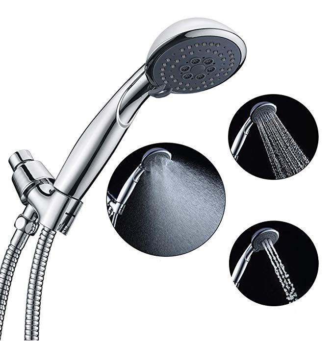 Handheld Shower Head, Non-Slip Handheld Shower Head High Pressure 3 Spray Settings with Durable Adjustable Hand Shower Arm Mount Long Hose Flexible Stainless Steel Hose Chrome Finished