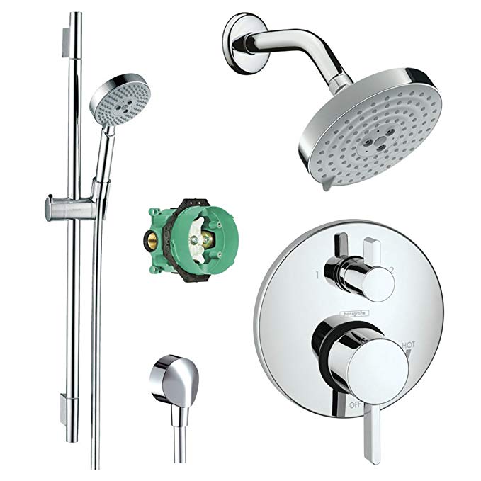 Hansgrohe KSH04231-27495-66PC Raindance S 150 Air 3-Jet Showerhead Kit with Handshower Wallbar Thermostatic Trim with Diverter and Rough, Chrome