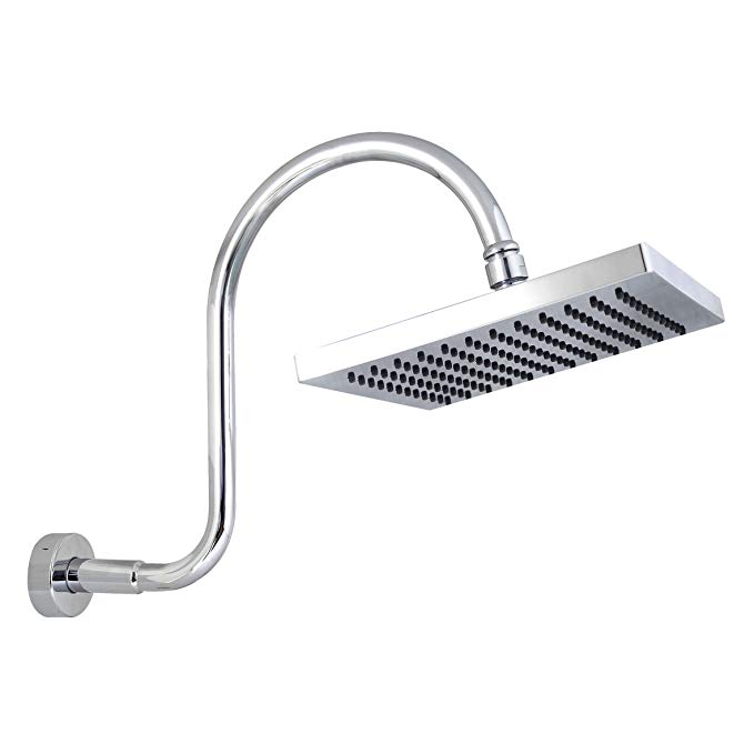 MODONA 8” Square Rain Shower Head and “S” Gooseneck Shower Arm with Flange – Polished Chrome - 5 Year Warrenty