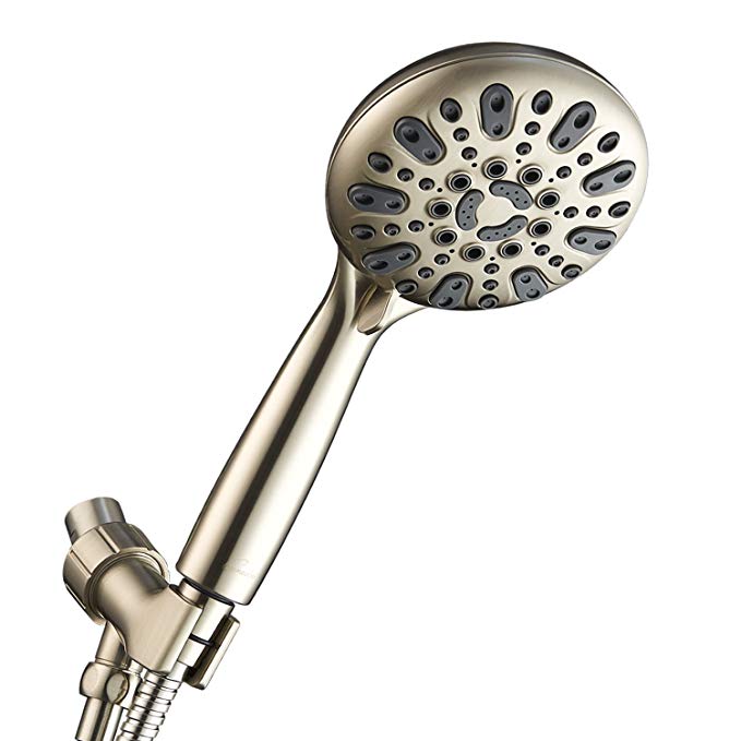 Couradric Handheld Shower Head, 6 Spray Setting High Pressure Shower Head with Brass Swivel Ball Bracket and Extra Long Stainless Steel Hose, Brushed Nickel, 5