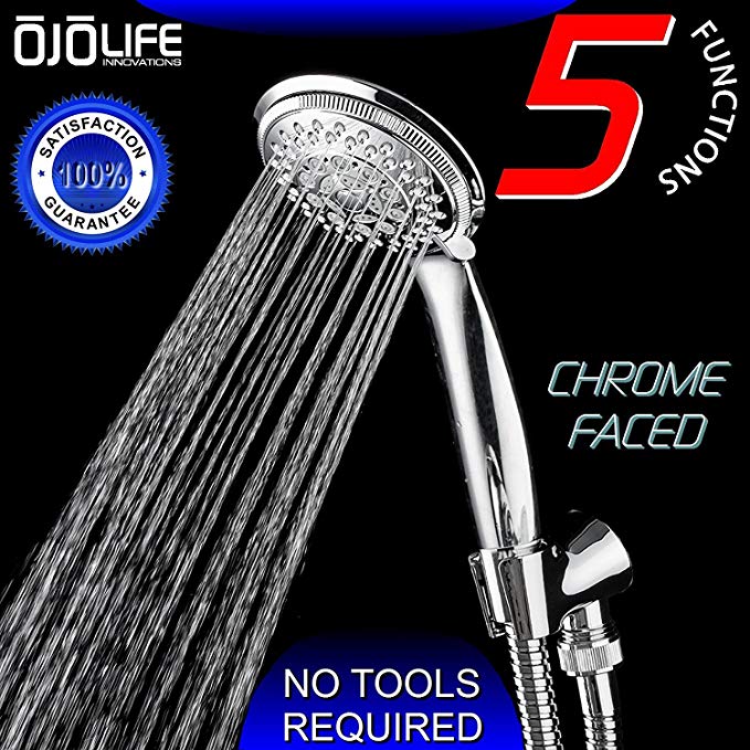 Shower Perfection by OjoLife Innovations - Super Luxury Hotel & Spa Quality 5 Setting Variable Spray Oversized Handheld Shower Head w/ Chrome Finish - Extra Long 6 Foot Stainless Steel Hose & Holder