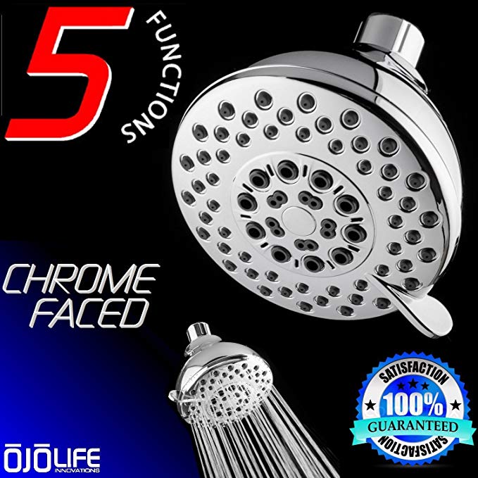 Shower Excellence by OjoLife Innovations - Super Luxury Hotel & Spa Quality 5 Setting Variable Spray Oversize Hands Free Wall Mount Shower Head - Chrome Finish & Self Cleaning Nozzles - Easy Install