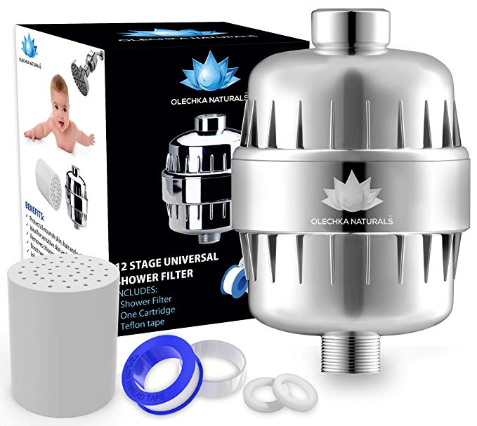 Shower Filter 12 Stage with 1 Filter Cartridge Replacement and Teflon Tape - Remove Chlorine and Lead - Filter Hard Water - Reduce Dryness Hair and Skin - Dandruff and Eczema