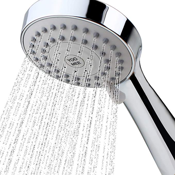 YOO.MEE High Pressure Handheld Shower Head with Powerful Shower Spray against Low Pressure Water Supply Pipeline, Multi-functions, Bathroom Accessories w/Hose, Bracket, and Teflon Tape- Chrome