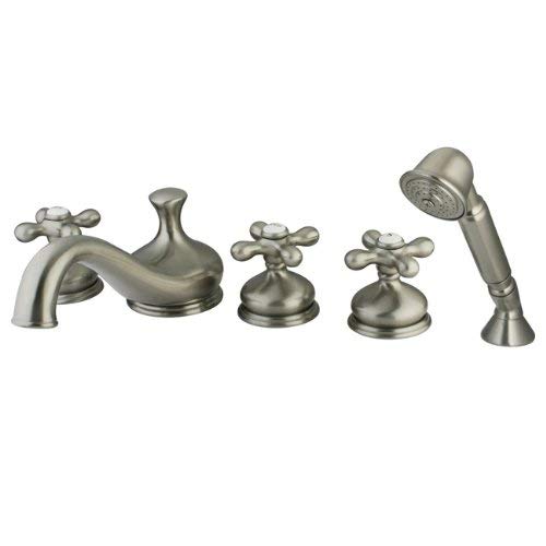 Kingston Brass KS33385AX Roman Tub Filler with Hand Shower with Metal Cross Handle, Satin Nickel, 5-Piece