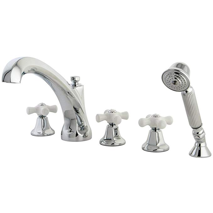 Kingston Brass KS43215PX Metropolitan Roman Tub Filler with Hand Shower and Porcelain Cross Handle, Polished Chrome, 5-Piece