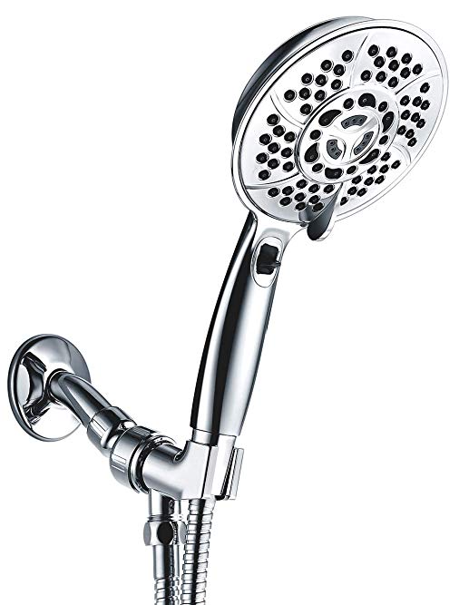 Handheld Shower Head, Wassern High Pressure 7 Setting 81 Jets Rainfull Massage Water Saving Trickle Pause Extra Long 80'' Stainless Steel Hose Angle Adjustable Bracket 5.2'' Chrome-Charity: Water