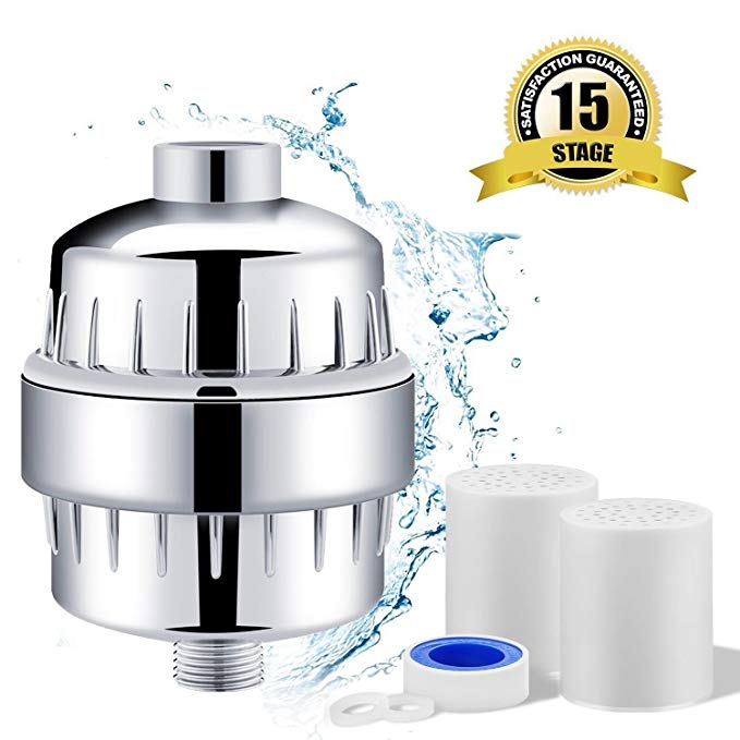 15-Stage Shower Water Filter with Vitamin C Plus 2 Replacement Cartridges in the Kit - Reduces Eczema, Dry Itchy Skin, Dandruff, and Improve the Condition of Your Skin, Hair and Nails