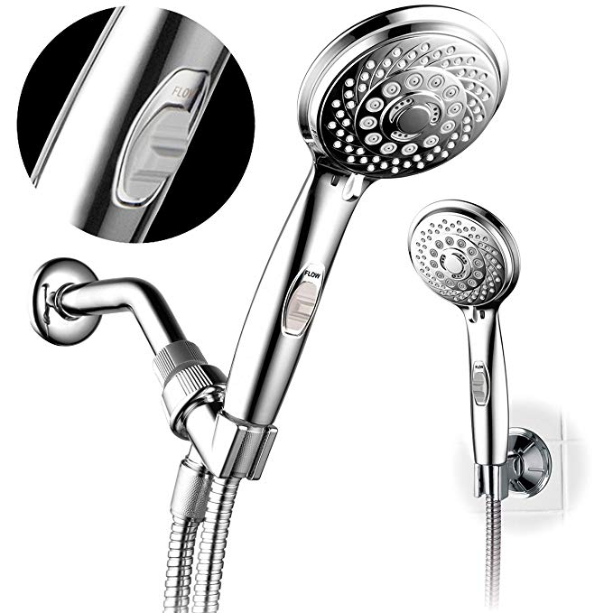 HotelSpa 7-setting AquaCare Series Spiral Handheld Shower Head Luxury Convenience Package with Pause Switch, Extra-long Hose PLUS Extra Low-Reach BracketStainless Steel Hose - All-Chrome Finish,