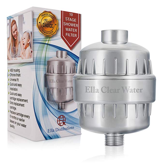 Ella Clear Water 10-Stage Shower Water Filter With 2 Cartridges For Any Shower Head and Handheld Shower Removes Chlorine Heavy Metals and Odor from Water Improve Skin and Hair Health Silver