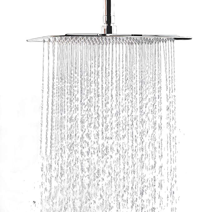 WYJP 12 Inch Large Square Rain Showerhead Stainless Steel High Pressure Shower Head with Polish Chrome Finish, Ultra Thin Waterfall Full Body Coverage with Silicone Nozzle Easy to Clean and Install