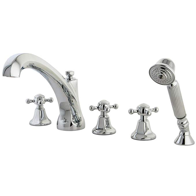 Kingston Brass KS43215BX Metropolitan Roman Tub Filler with Hand Shower with Metal Cross Handle, Polished Chrome, 5-Piece