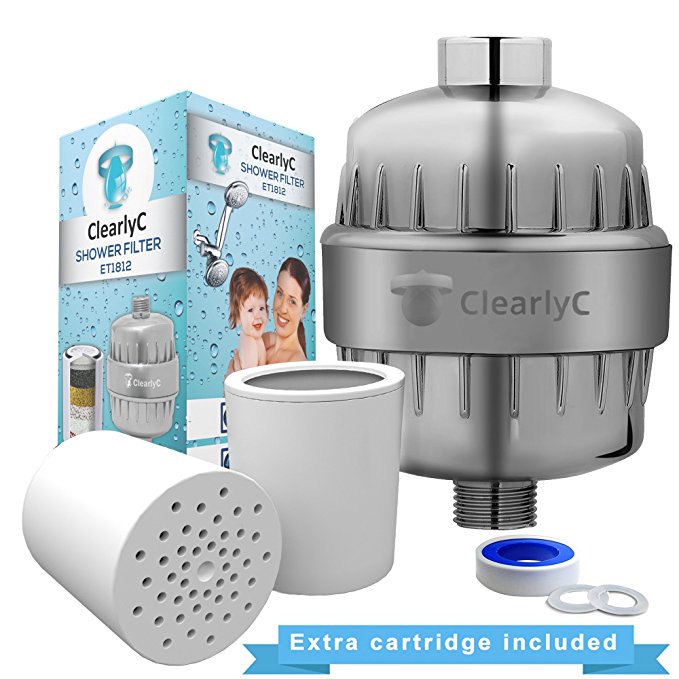 Shower Filter and Hard Water Softener - High Output, Multi-Layer Water Filtration System – Removes Chlorine and Heavy Metals for Soft Skin and Healthy Hair + 2 Filter Cartridges by Clearly, ET1812